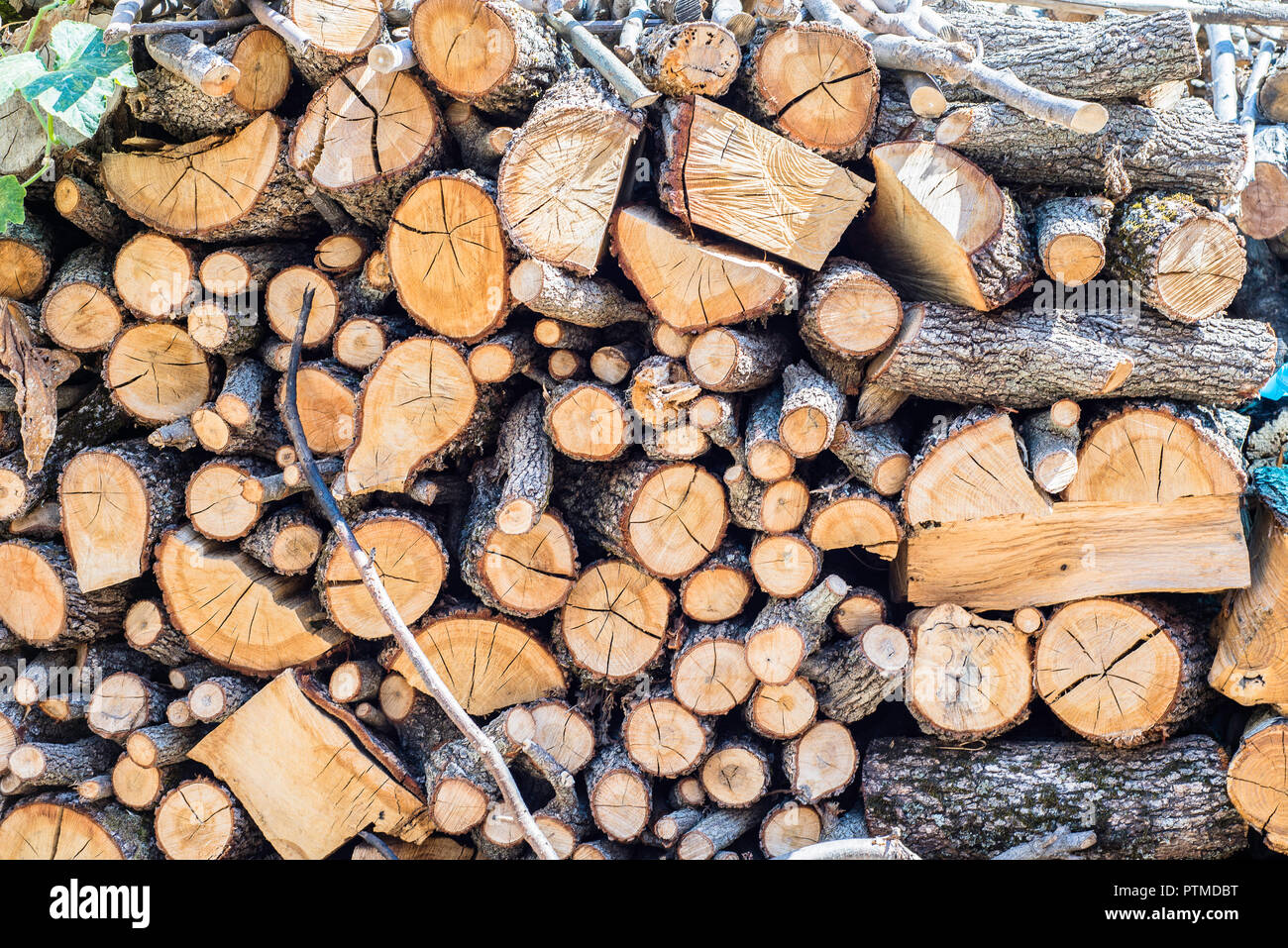 Dry irregularly chopped firewood logs stacked up on top of each other in a pile. Farm winter stock. Stock Photo