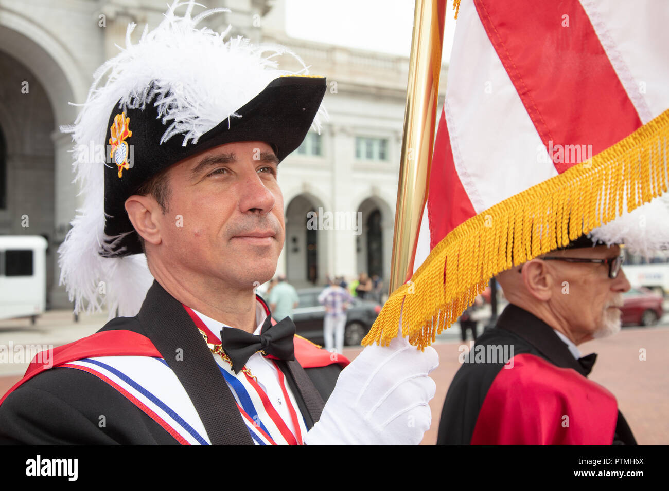 Washington, United States Of America. 08th Oct, 2018. Jeff Cuiper of  Alexandria Va. of the Color Corps of the Knights of Columbus participates  in the 2018 National Columbus Day Ceremony on Monday,