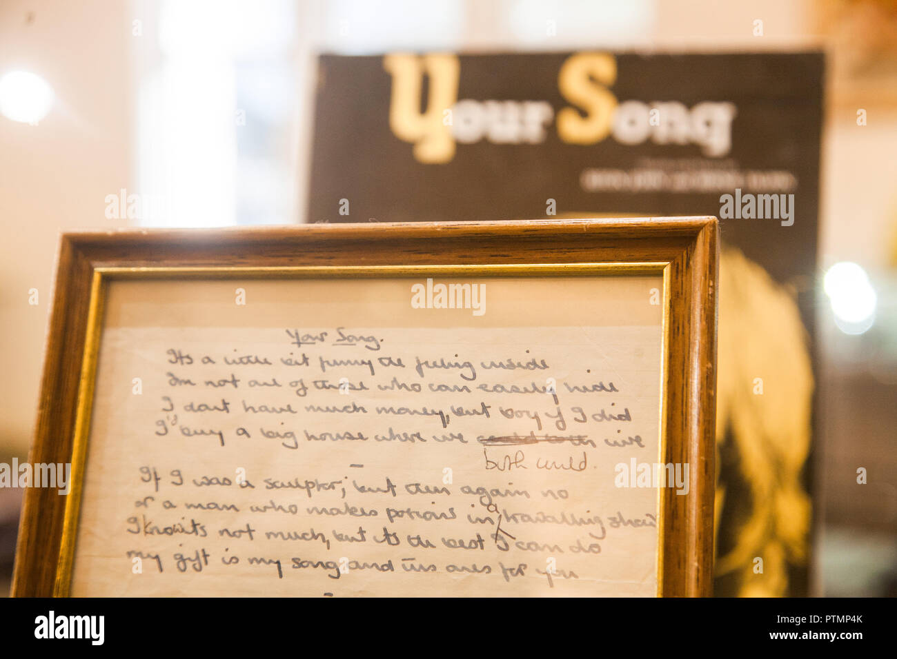 London UK. 10th October 2018. The original handwritten lyrics to Elton John's 'Your Song which