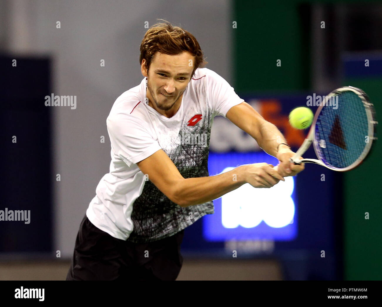 Shanghai. 10th Oct, 2018. Russia's Daniil Medvedev hits a return during the  men's singles second round match against Switzerland's Roger Federer at the  Shanghai Masters tennis tournament on Oct. 10, 2018. Credit: