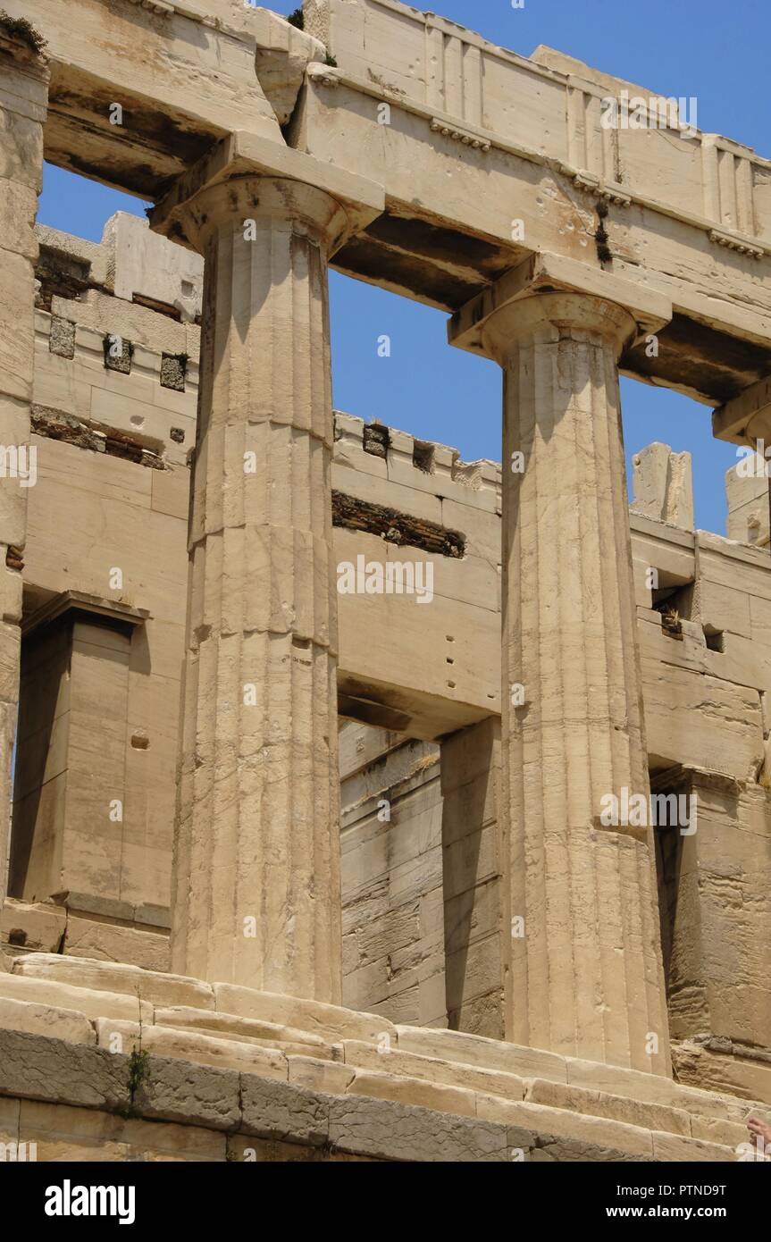 Greece. Athens. Propylaea. Monumental gateway to the Acropolis. It was designed by the architect Mnesicles, 437 BC-432BC. (The Age of Pericles). Doric style columns. Stock Photo