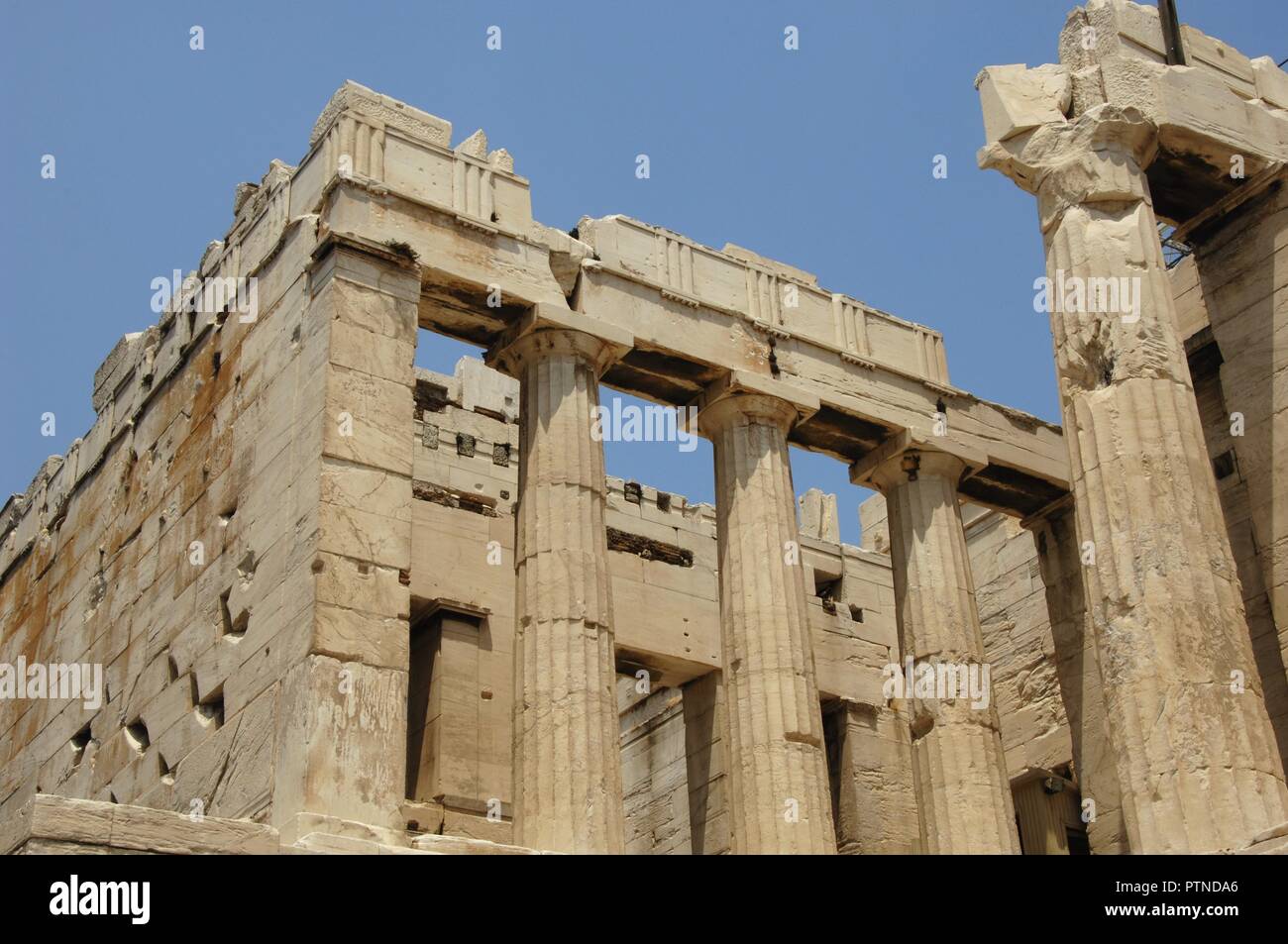 Greece. Athens. Propylaea. Monumental gateway to the Acropolis. It was designed by the architect Mnesicles, 437 BC-432BC. (The Age of Pericles). Doric style columns. Architectural detail. Stock Photo