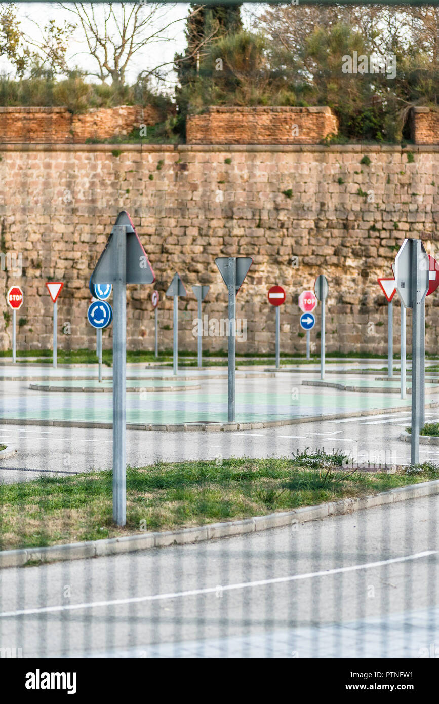 Miniature streets with traffic lights and road signs located in Montjuic hill, Barcelona. Spring 2018 Stock Photo