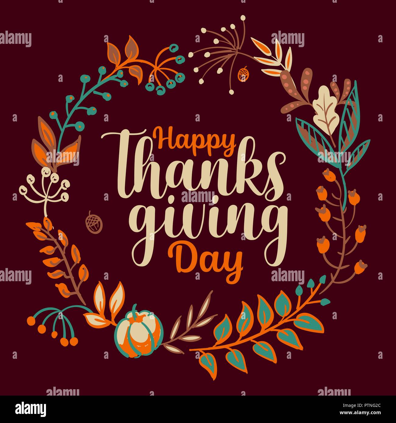 Hand drawn Happy Thanksgiving typography in autumn wreath banner ...