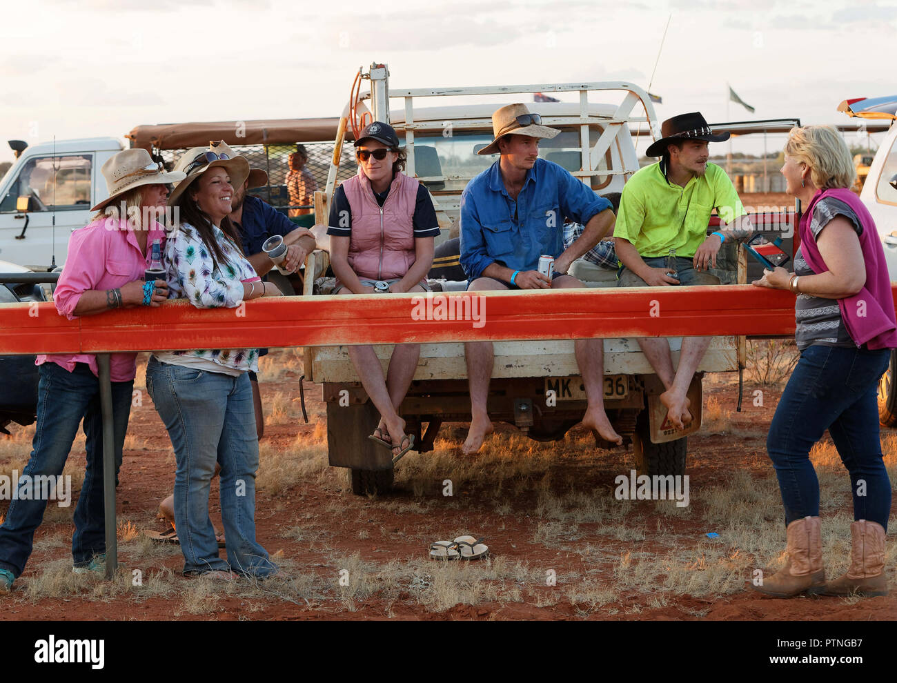 Spectators watch he 97th running of the annual bush horse races at Landor,,1000km north of Perth, Australia. Oct 2018. Stock Photo