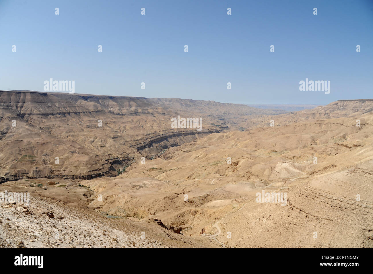 panoramic view from the King's Highway, which swoops over the high ridge of the Great Rift Valley. in Jordan Stock Photo