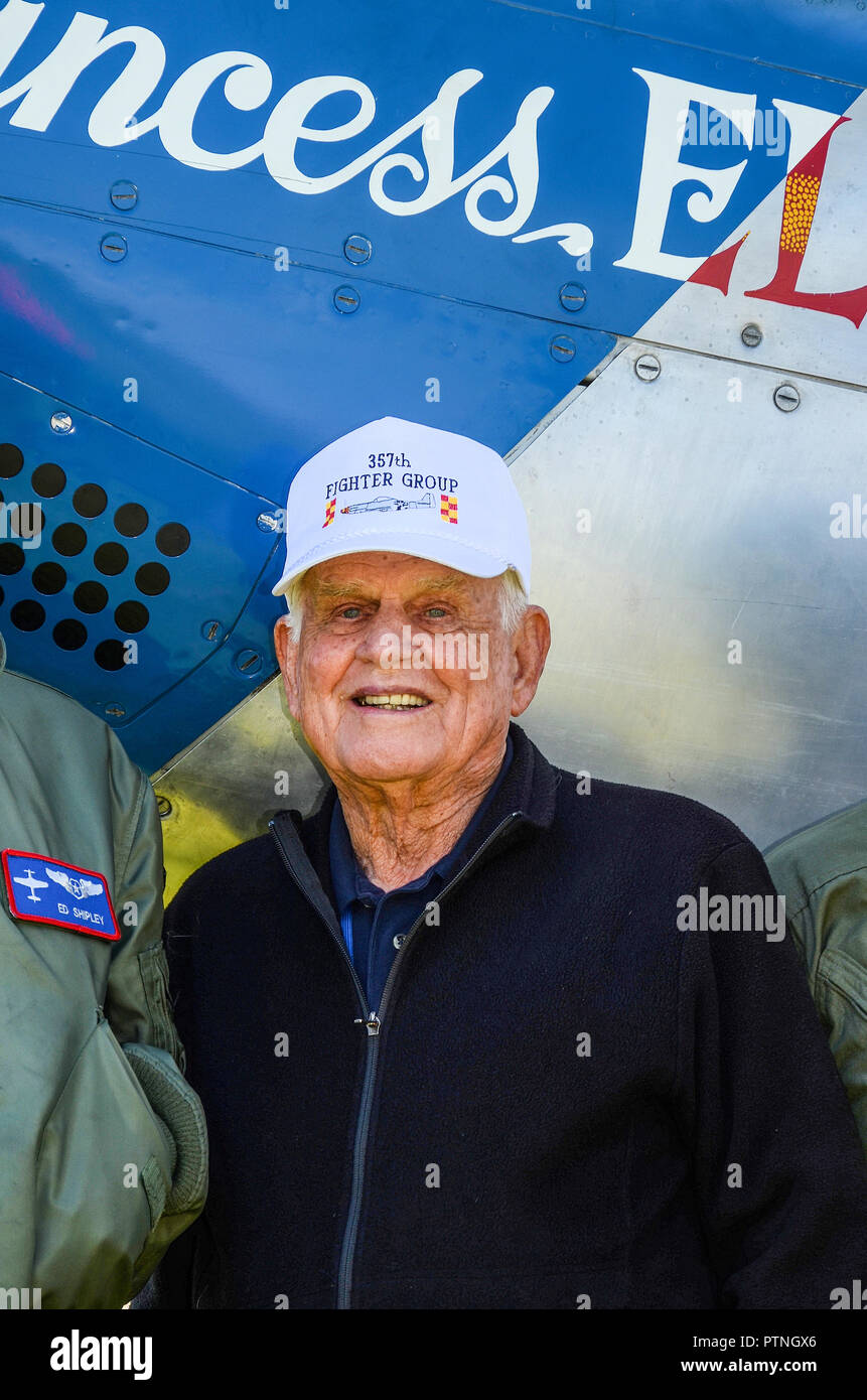 Clarence Emil Bud Anderson Second World War United States Air Force pilot and a triple ace of World War II with P-51 Mustang plane Stock Photo