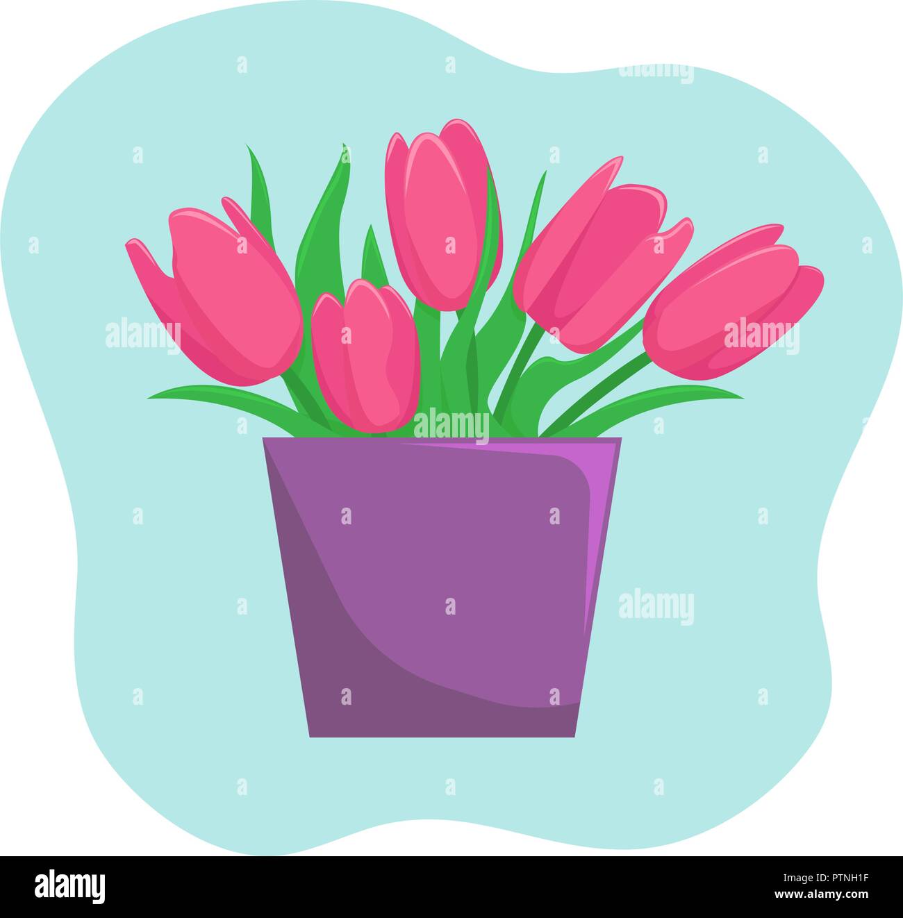 Vase with pink tulips. Flat vector illustration. Stock Vector