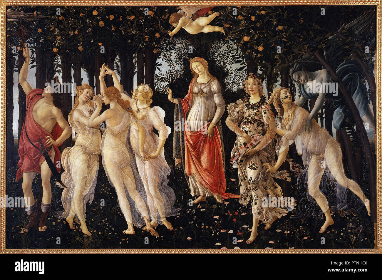 La Primavera / La Primavera (Spring). Date/Period: From 1482 until 1485. Tempera on panel. Height: 207 cm (81.4 in); Width: 319 cm (10.4 ft). Author: BOTTICELLI, SANDRO. SANDRO BOTTICELLI. Stock Photo