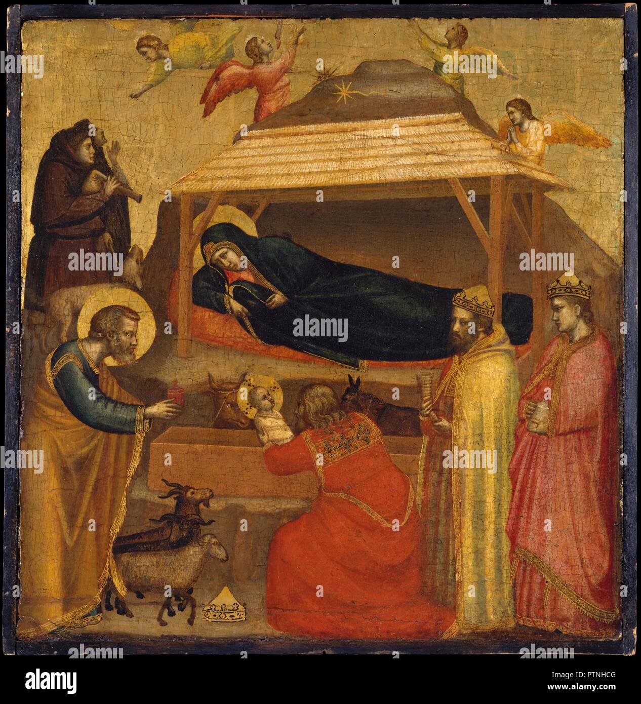 The Adoration of the Magi. Artist: Giotto di Bondone (Italian, Florentine, 1266/76-1337). Dimensions: 17 3/4 x 17 1/4 in. (45.1 x 43.8 cm). Date: possibly ca. 1320.  This picture--at once austere and tender--belongs to a series of seven showing the life of Christ. The masterly depiction of the stable, which is viewed from slightly below, and the columnar solidity of the figures are typical of Giotto, the founder of European painting. The impetuous action of the kneeling king, who picks up the Christ Child, and Mary's expression of concern translate the Biblical account into deeply human terms. Stock Photo