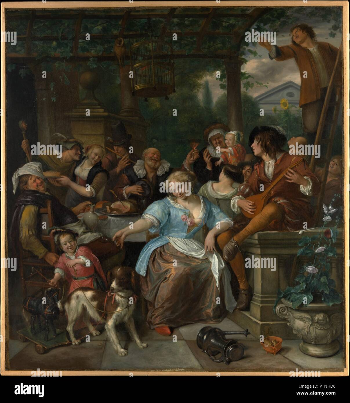 Merry Company on a Terrace. Artist: Jan Steen (Dutch, Leiden 1626-1679 Leiden). Dimensions: 55 1/2 x 51 3/4 in. (141 x 131.4 cm). Date: ca. 1670.  In this late painting of about 1673-75, Steen casts himself as the inebriated innkeeper on the left. The artist's second wife, Maria, probably modeled for the provocatively posed hostess (she wears an apron) in the center. Her glass and the fat man's jug are sexually suggestive, but the woman's familiarity with the young musician and the shape of his cittern suggest that he has more to offer her. The overdressed boy serves as a marginal remark about Stock Photo