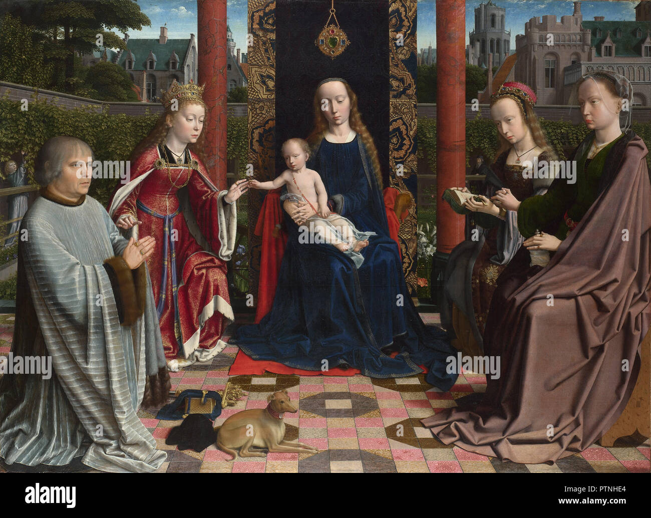 The Virgin and Child with Saints and Donor. Date/Period: Probably 1510. Painting. Oil on oak. Height: 105.8 cm (41.6 in); Width: 144.4 cm (56.8 in). Author: Gerard David. DAVID, GERARD. Stock Photo