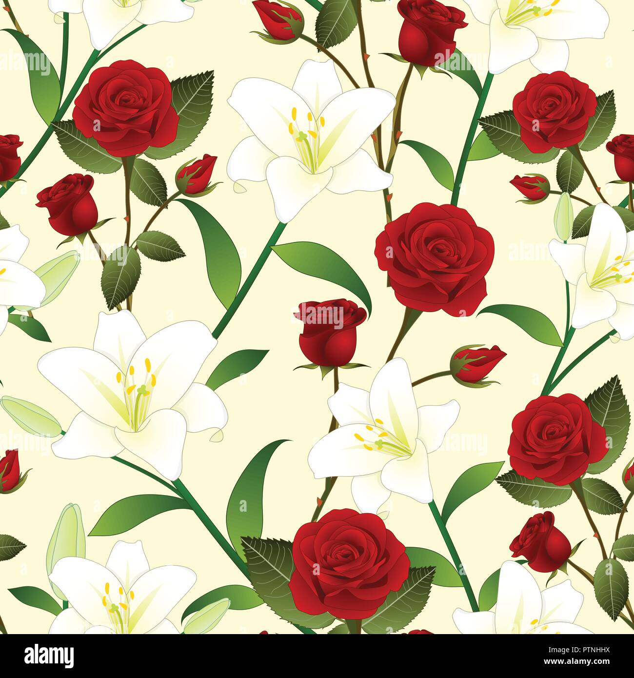 Red Rose and White Lily Flower Seamless Christmas Beige Ivory Background. Vector Illustration. Stock Vector