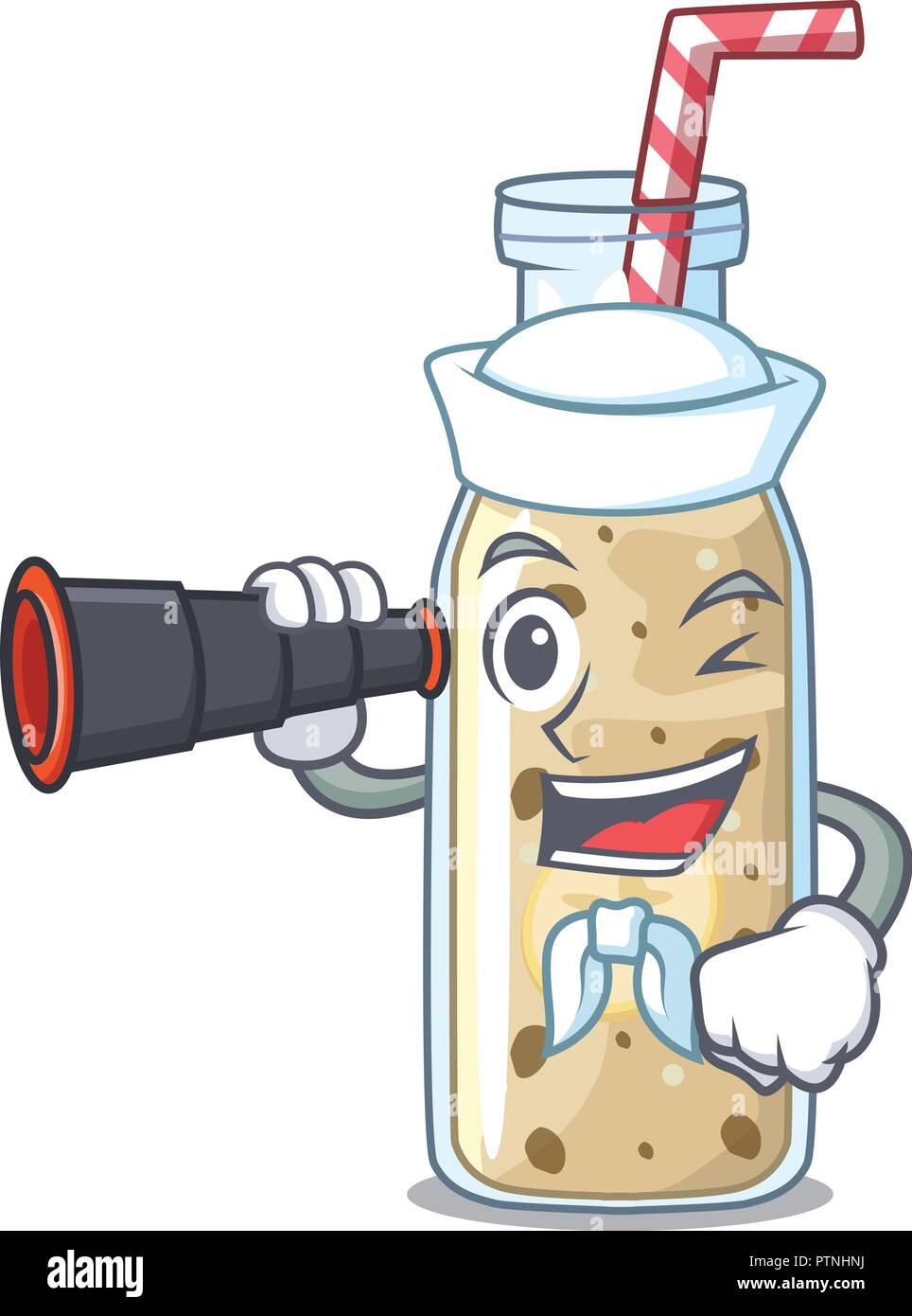 Sailor with binocular healthy banana smoothie in cartoon glass Stock Vector