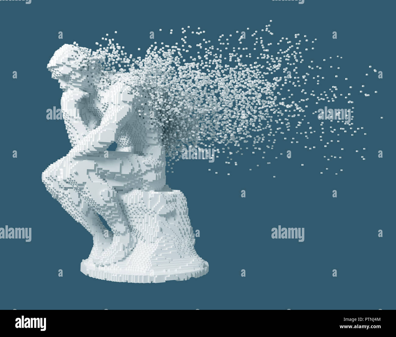 Desintegration Of Digital Sculpture Thinker On Blue Background. 3D Illustration. Stock Photo