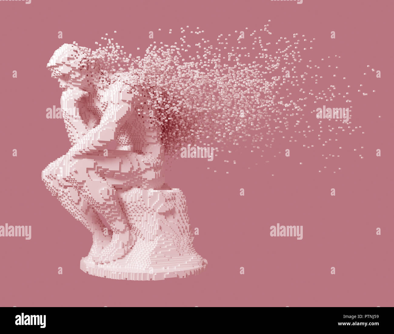 Desintegration Of Digital Sculpture Thinker On Pink Background. 3D Illustration. Stock Photo