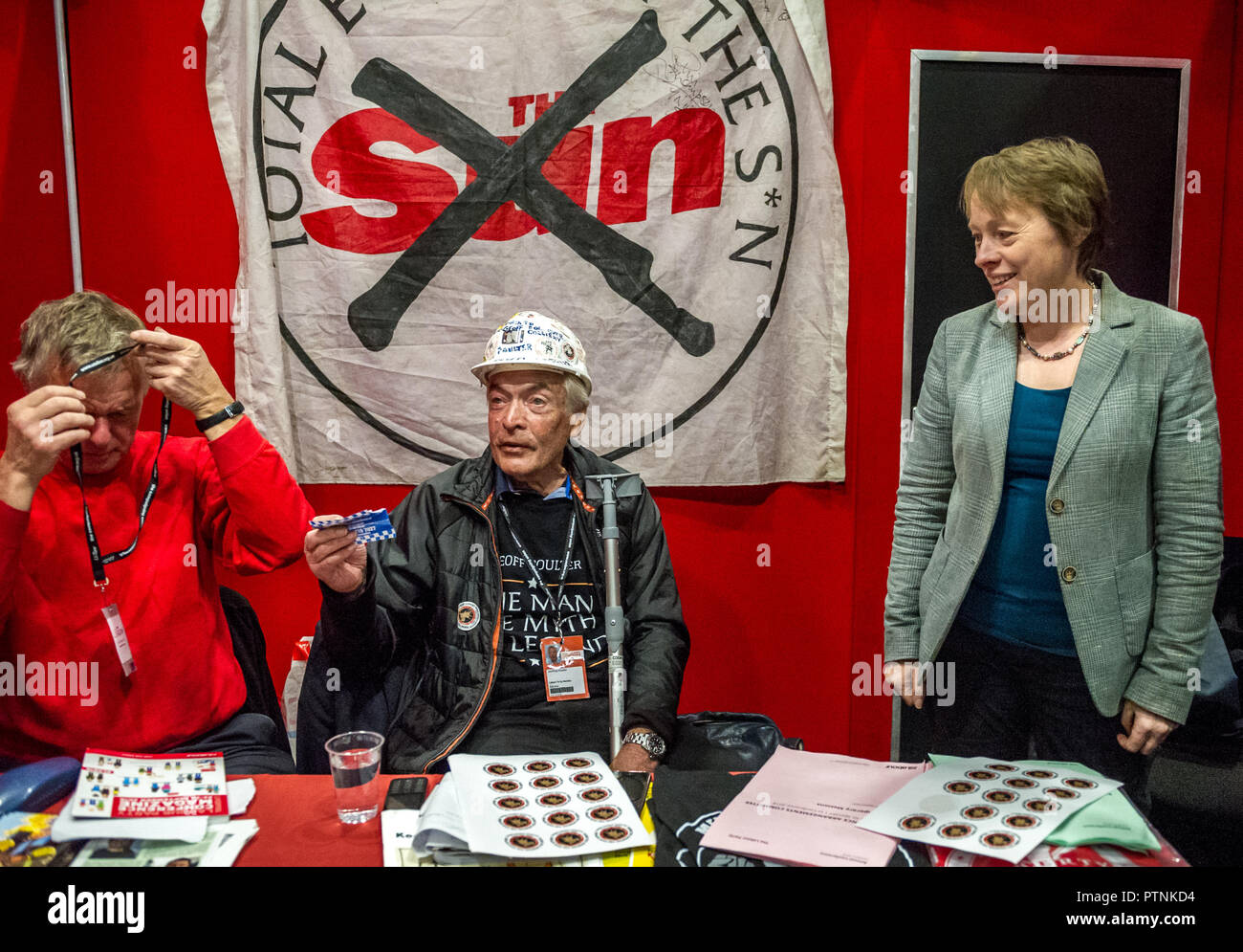Geoff Poulter the exminer from Bolsover, Derbyshire at a political stall at the Labour Party annual conference 2018, Liverpool. Stock Photo