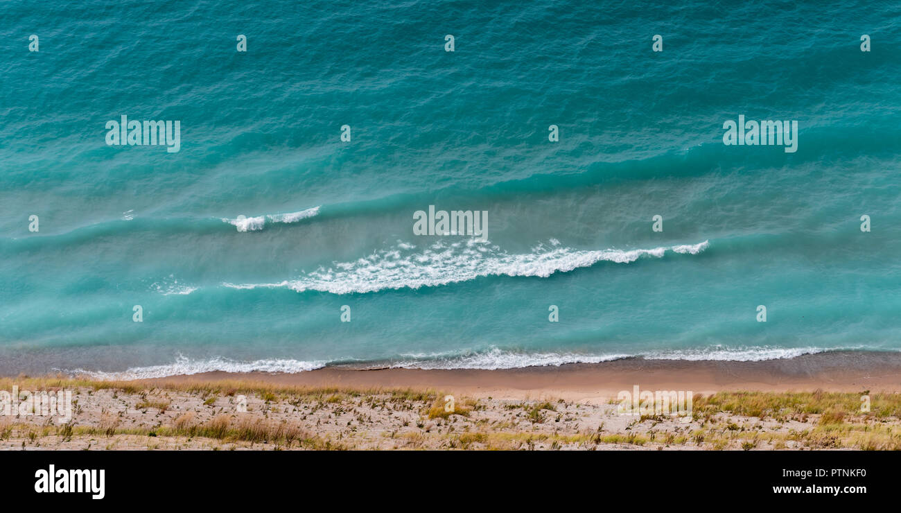 View of Lake Michigan from the top of a dune in Sleeping Bear Dunes National Lakeshore, Empire, Michigan, USA. Stock Photo