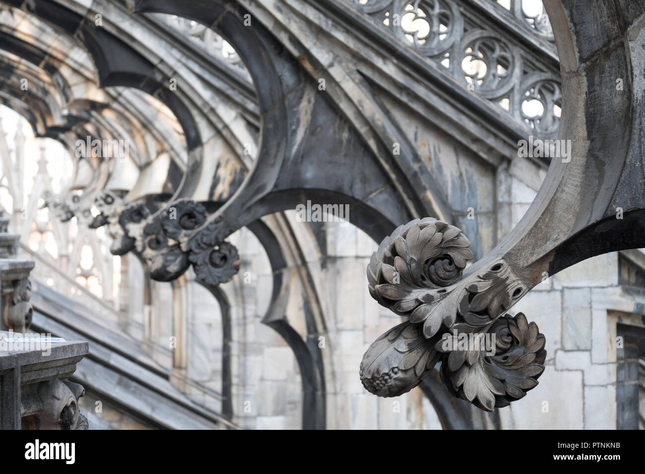 Milan, Italy. Photo taken high up in the terraces of Milan Cathedral / Duomo di Milano, showing the gothic architecture in detail. Stock Photo