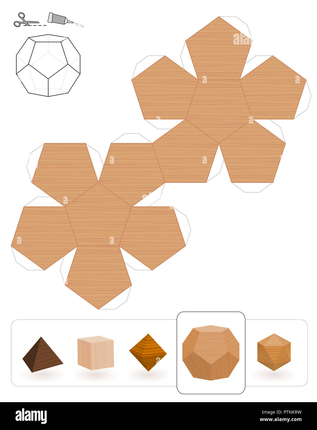 Platonic solids. Template of a dodecahedron with wooden texture to make a 3d paper model out of the triangle net. Stock Photo
