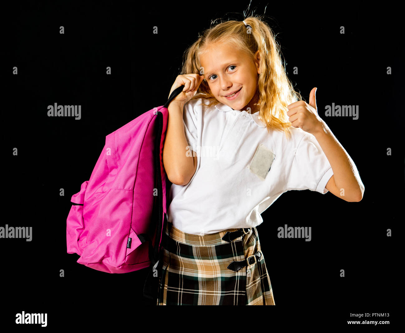 Pretty Cute Blonde Hair Girl With A Pink Schoolbag Looking At
