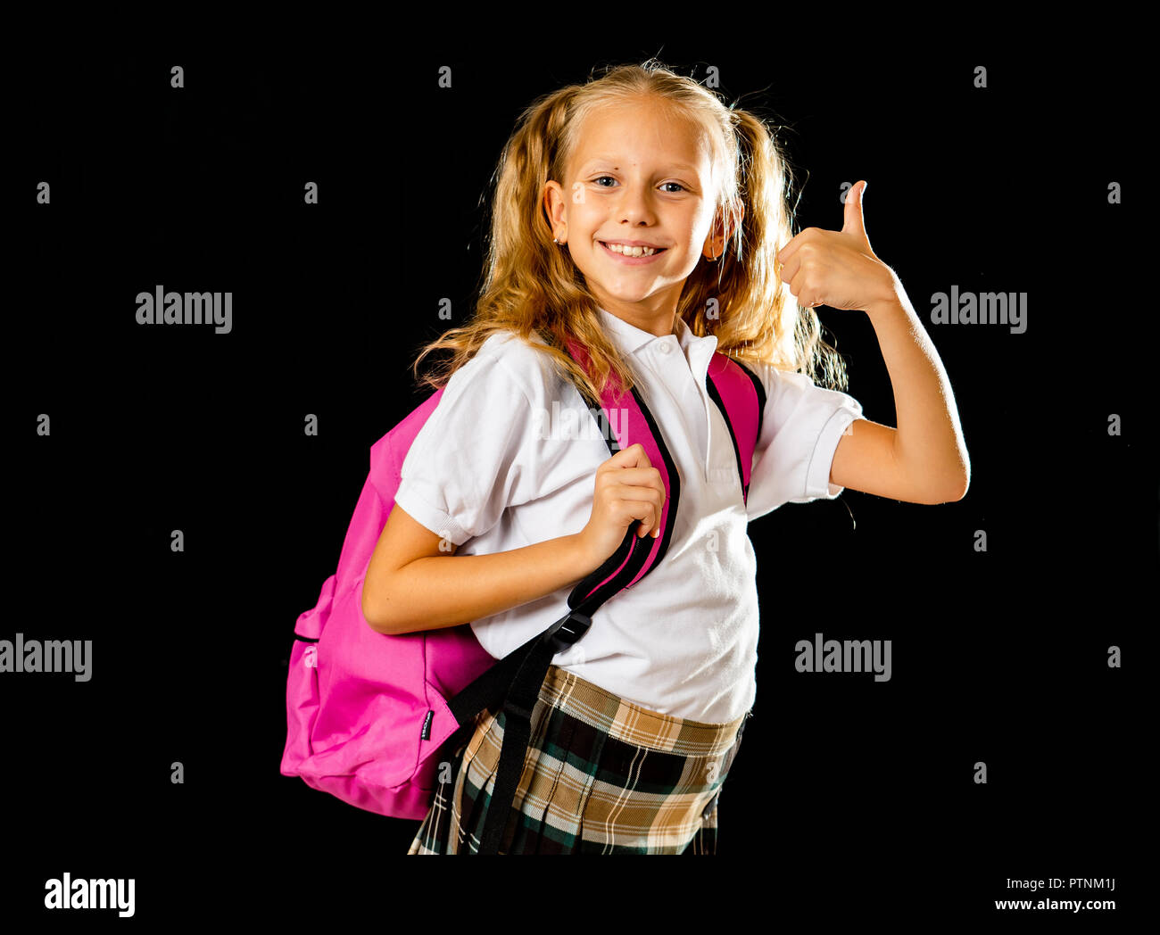 Pretty Cute Blonde Hair Girl With A Pink Schoolbag Looking At