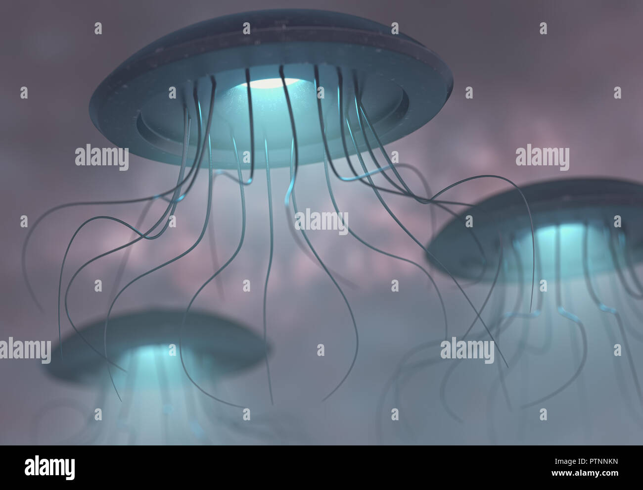 Extraterrestrial spaceship invading planet Earth. Concept image, war of the worlds. Stock Photo
