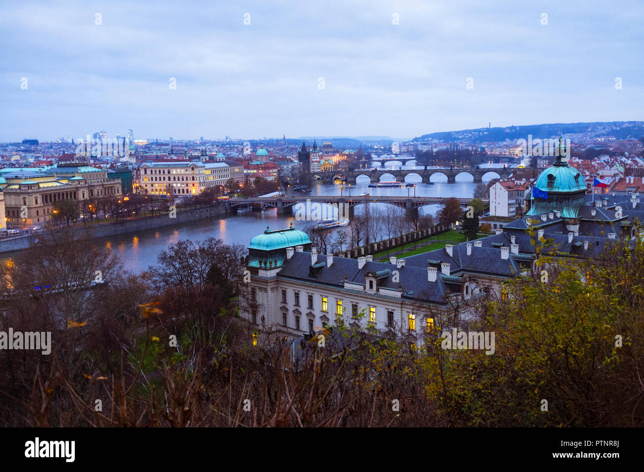 Prague, Czech Republic : High angle view of the bridges over the River Vltava, as seen from Letná hill. Stock Photo