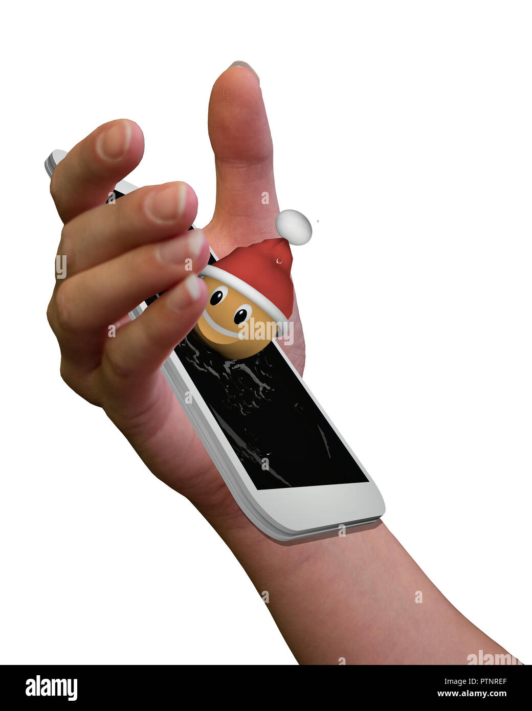 Human hand holding a mobile phone with Christmas emoticon. 3d illustration  Stock Photo - Alamy