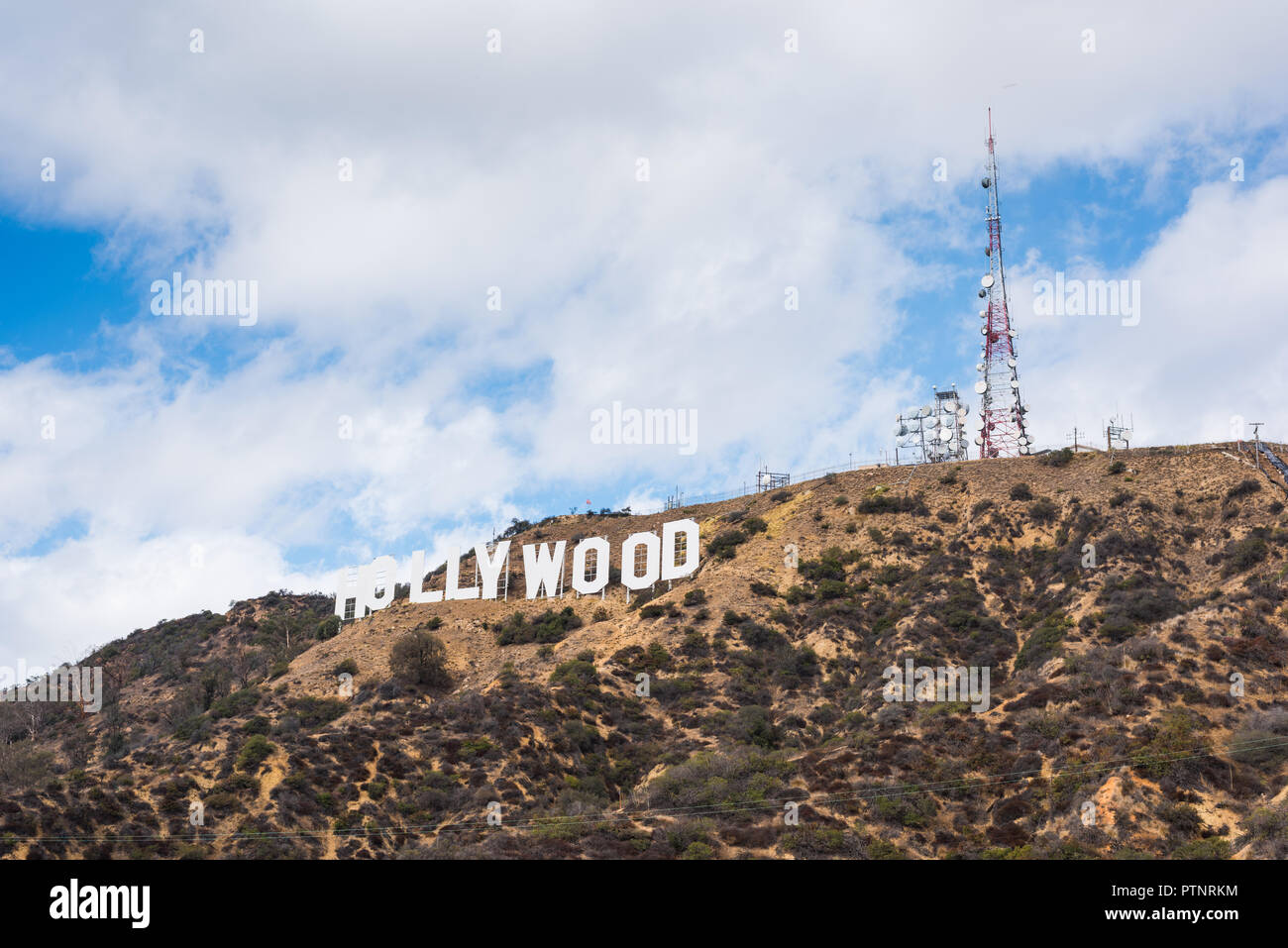 Los Angeles, CA, USA - October 28, 2016: Close up of Hollywood sign on a cloudy day Stock Photo