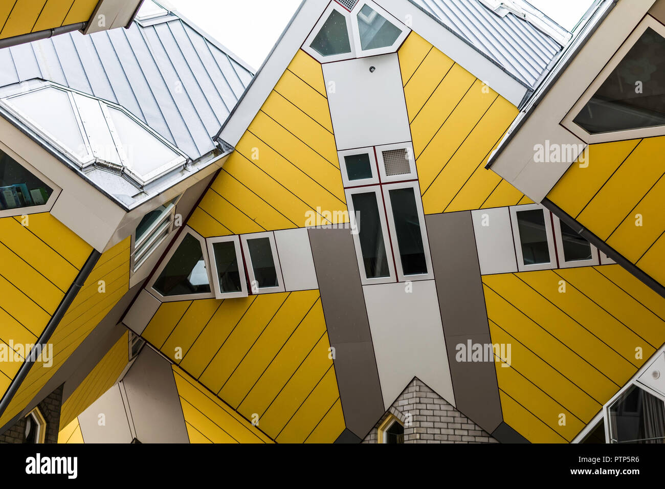 Tilted windows of one of the Cube Houses. It is a set of innovative houses Stock Photo