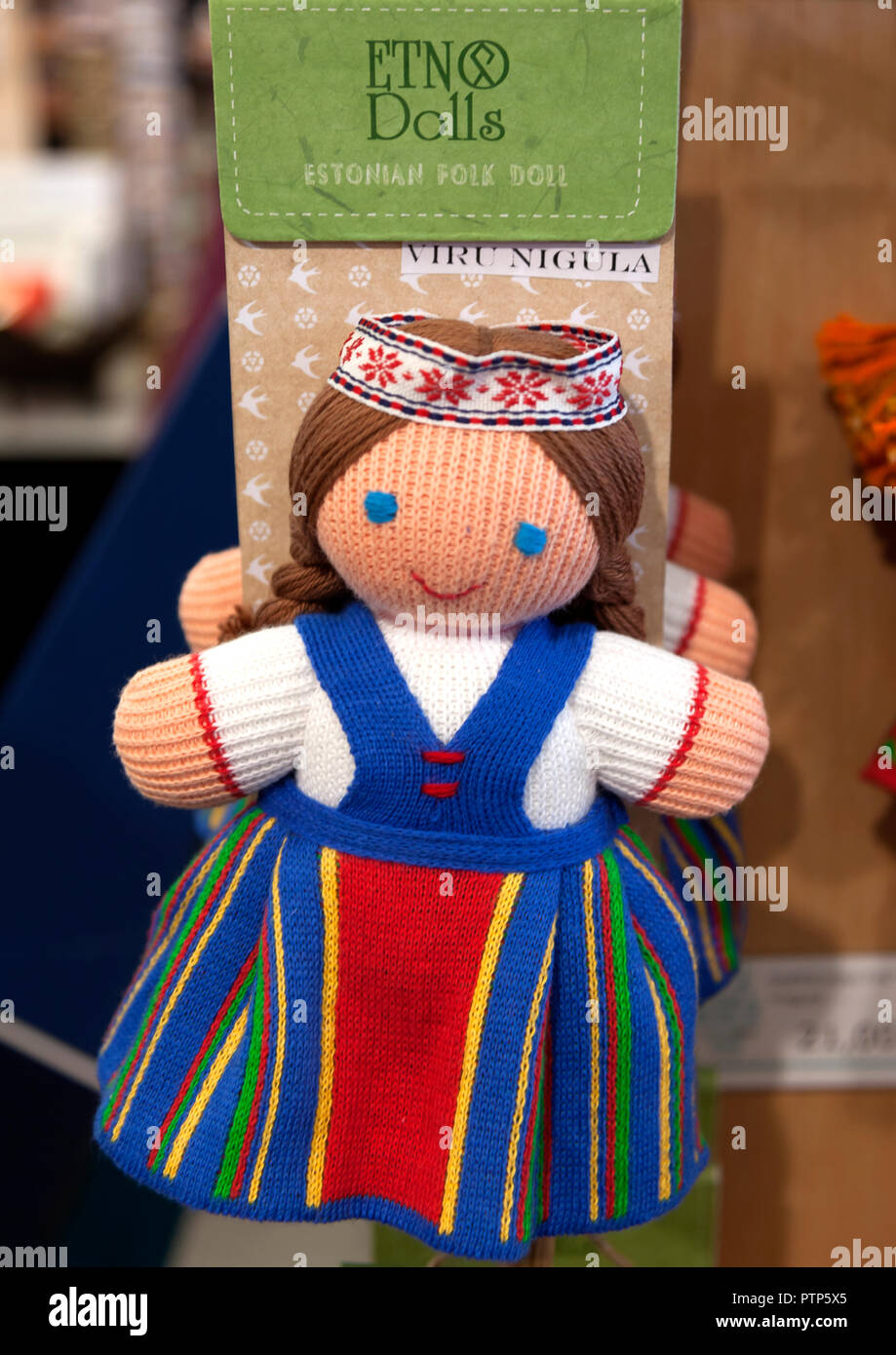 Traditional knitted dolls for sale in Tallinn shop Stock Photo