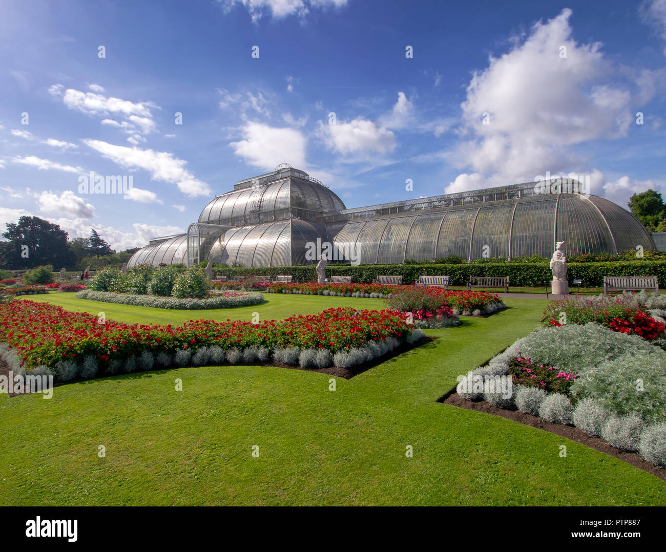 KEW GARDENS, LONDON, UK SEPTEMBER 15, 2018: The Palm House at Kew Gardens, London, basks in late summer sun. It specializes in growing of palms and other tropical and subtropical plants. Stock Photo