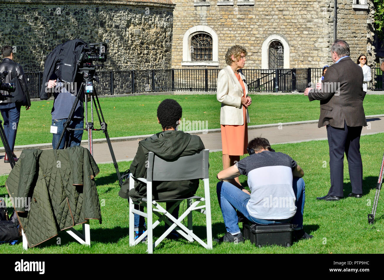 Kate Hoey MP (Labour: Vauxhall) being interviewed on College Green, Westminster, October 2018 Stock Photo