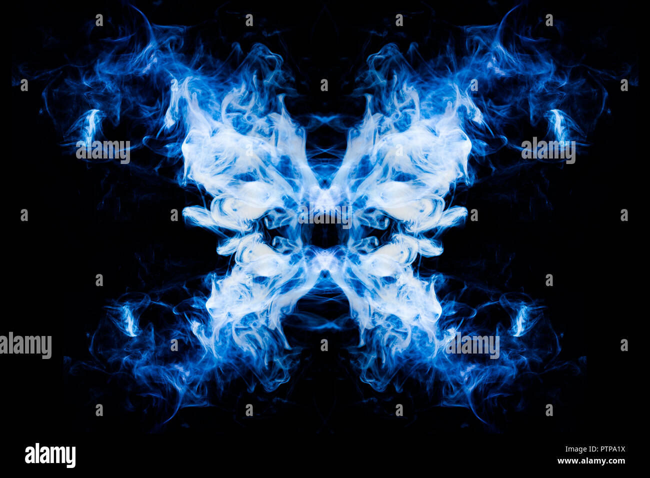 Thick colorful blue smoke in the form of a butterfly on a black isolated  background. Background from the smoke of vape. Mocap for cool t-shirts  Stock Photo - Alamy