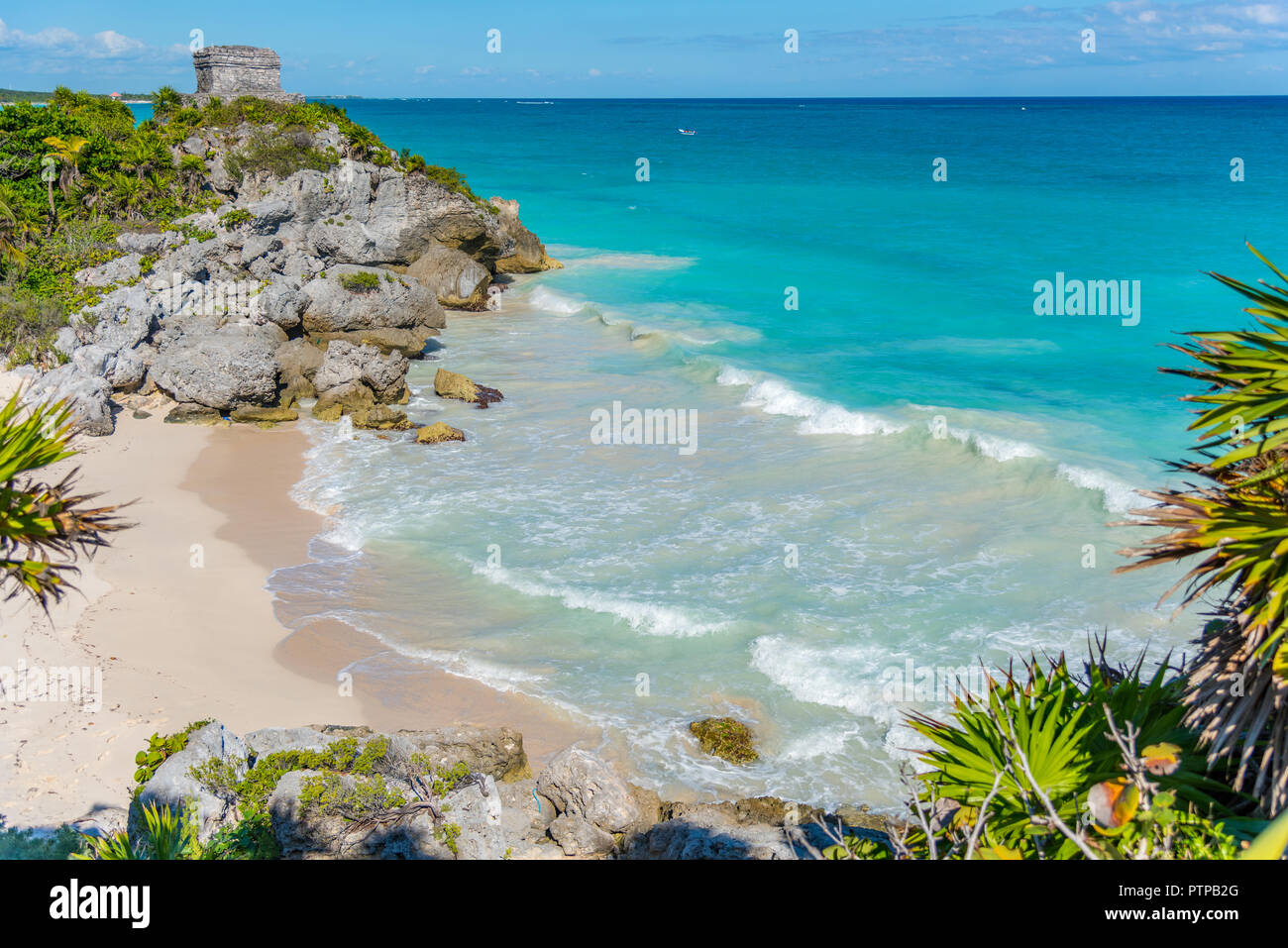 Mayan ruins on the beach in Tulum, Mexico. Ancient buildings from the mayan civilizations hundreds years ago Stock Photo