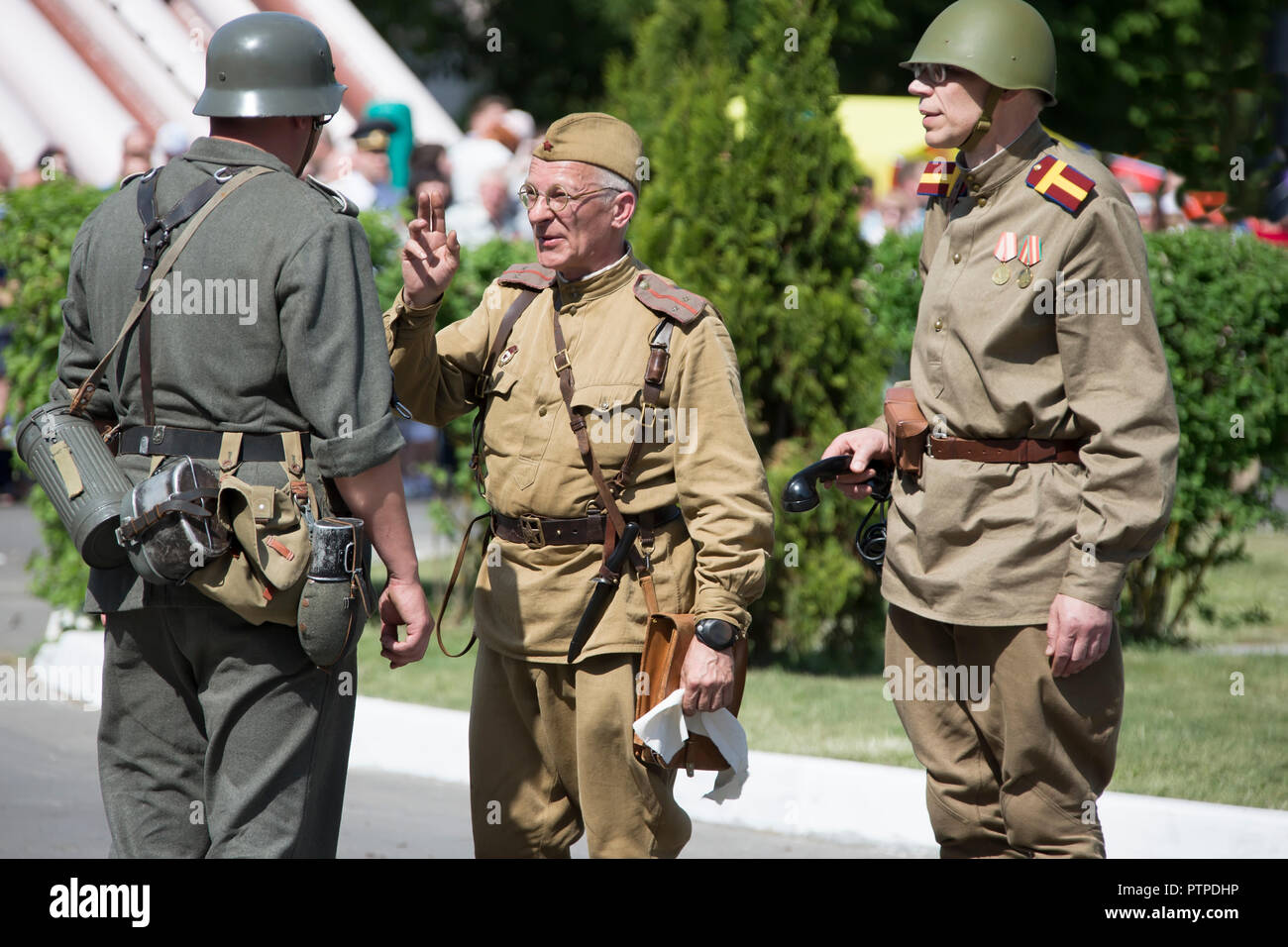 Belarus, Gomel. May 9, 2018. Victory Day. Reconstruction take Reichstag.Historical reconstruction in 1945, capture of the Reichstag.Russian soldiers a Stock Photo