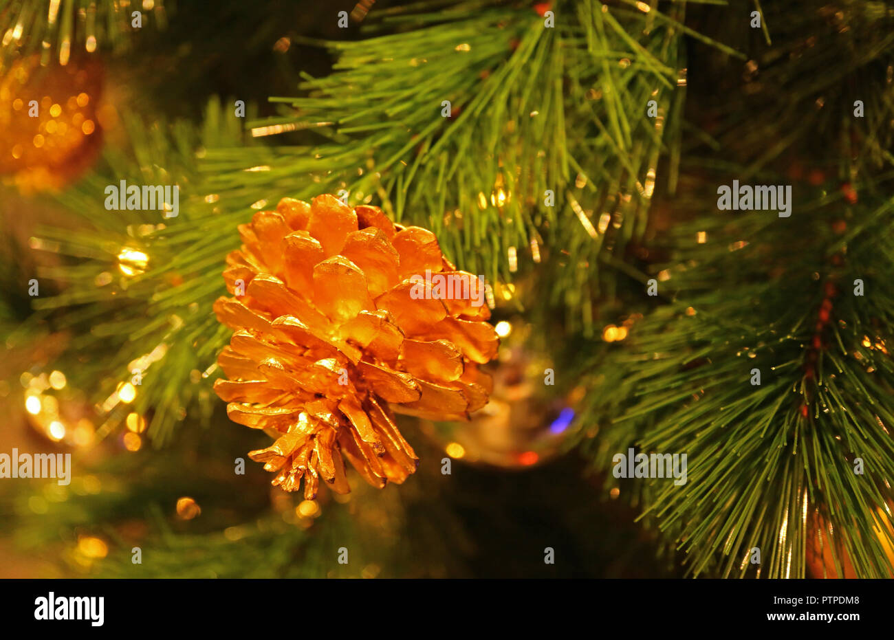 Dry pine cone ornament in shiny gold colored hanging on sparkling Christmas tree Stock Photo
