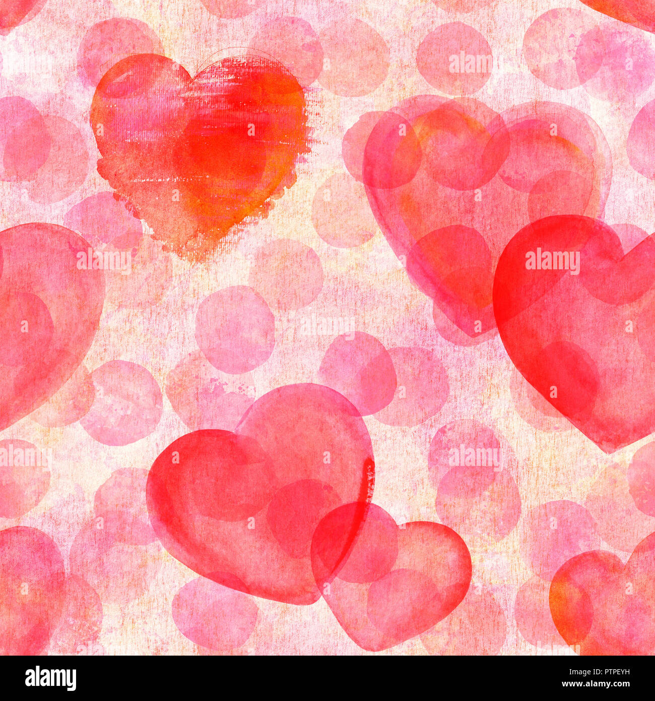 A seamless pattern of watercolor hearts on a pink polka dots background ...
