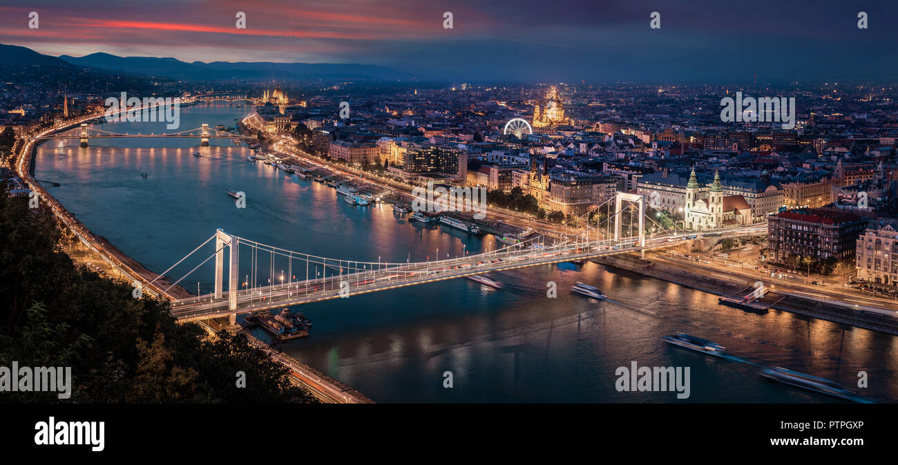 Budapest, Hungary - Aerial panoramic skyline of Budapest at sunset. This view includes Elisabeth Bridge (Erzsebet Hid), Parliament, Szechenyi Chain Br Stock Photo