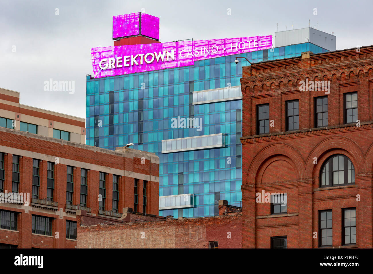 Detroit, Michigan - The Greektown Casino hotel, surrounded by older ...