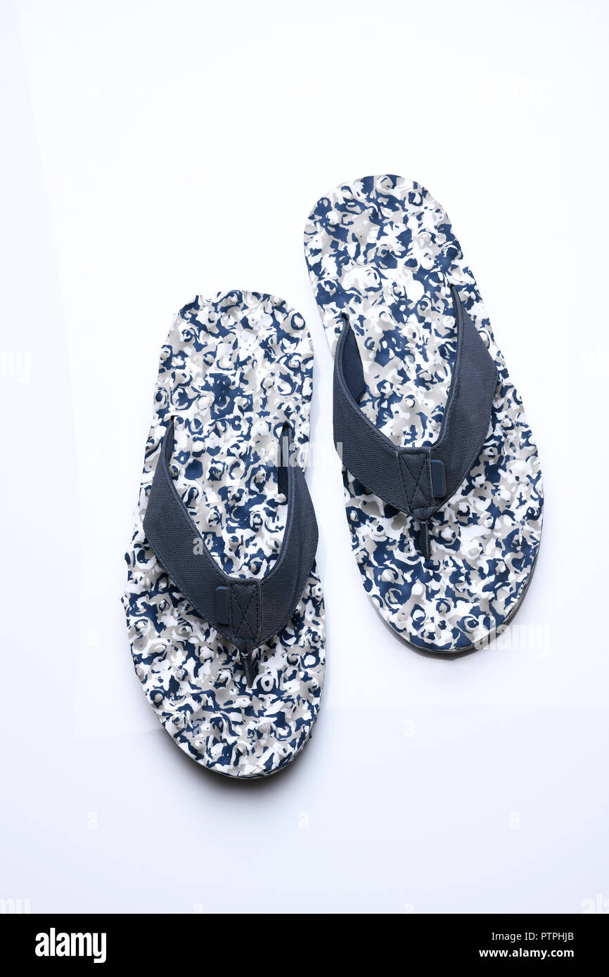 Top View of White and Blue Camouflage Flip Flops On White Background ...