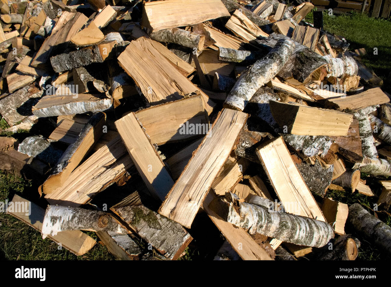 Pile And Wall Of Cut Birch Wood And Stacked Wood Logs Ready For