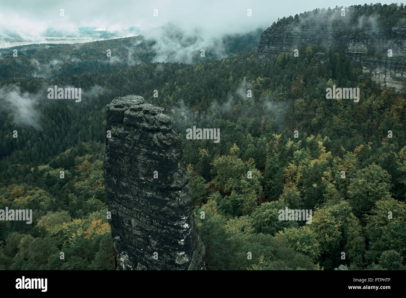 Sandstone rock tower in the deep autumn valley of national park Bohemian Switzerland. Misty landscape with fir forest in hipster vintage retro style. Stock Photo