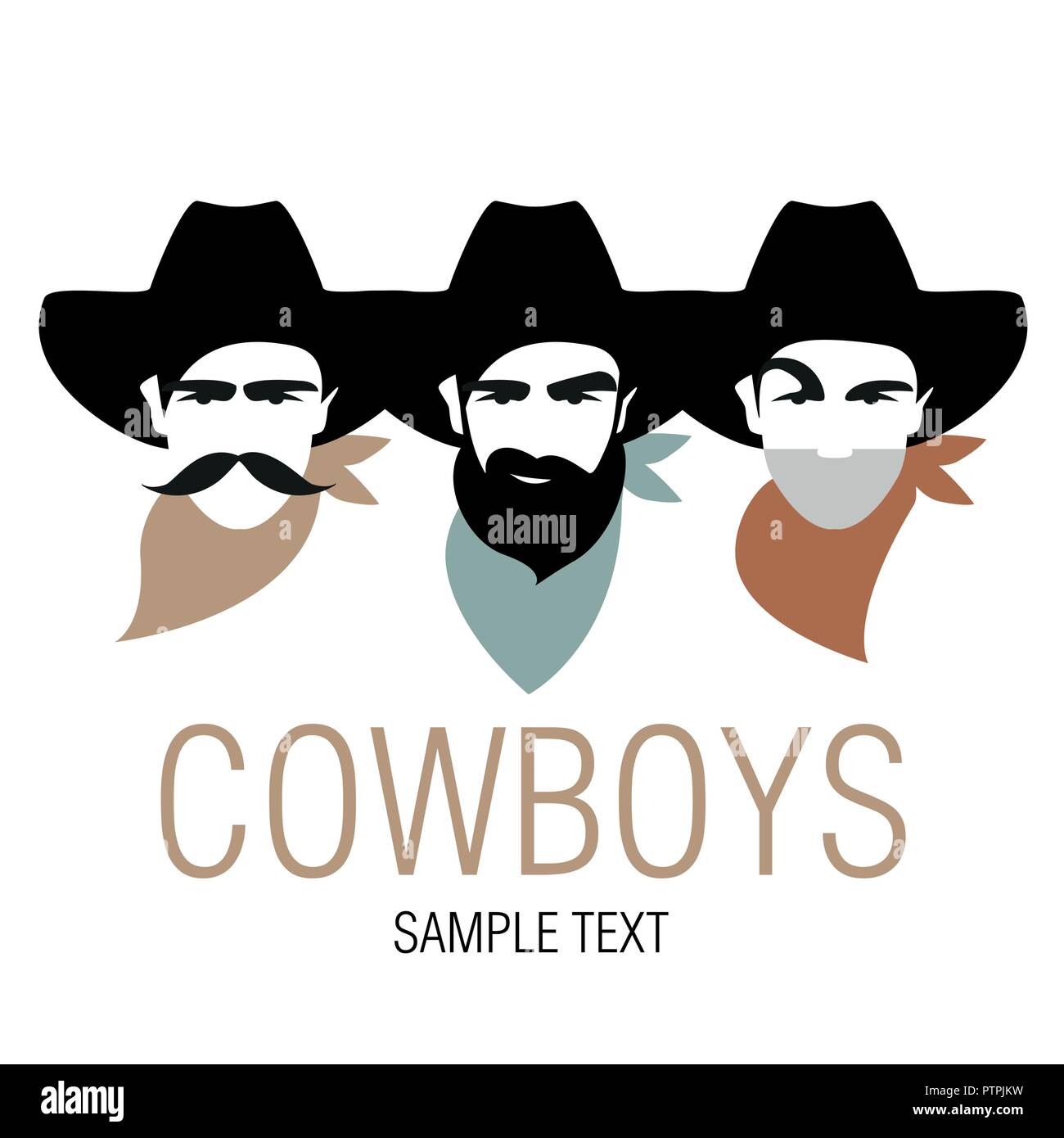Three cowboys with hat and neckerchief. Symbolic image of america. Stock Vector