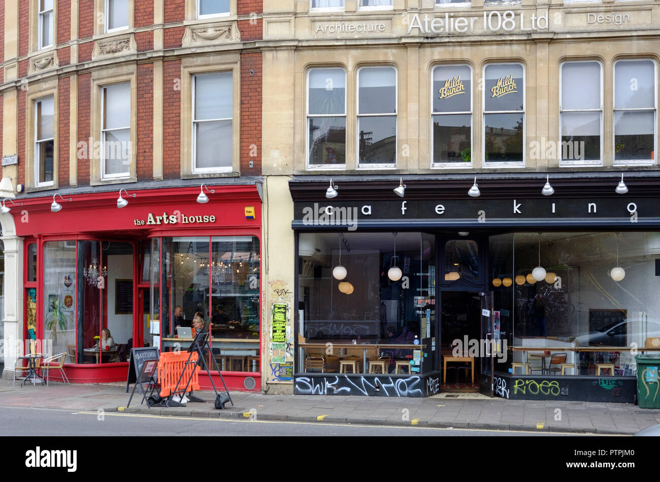 Around Stokes Croft, a Hip area of Bristol. Cafe Kino Stock Photo