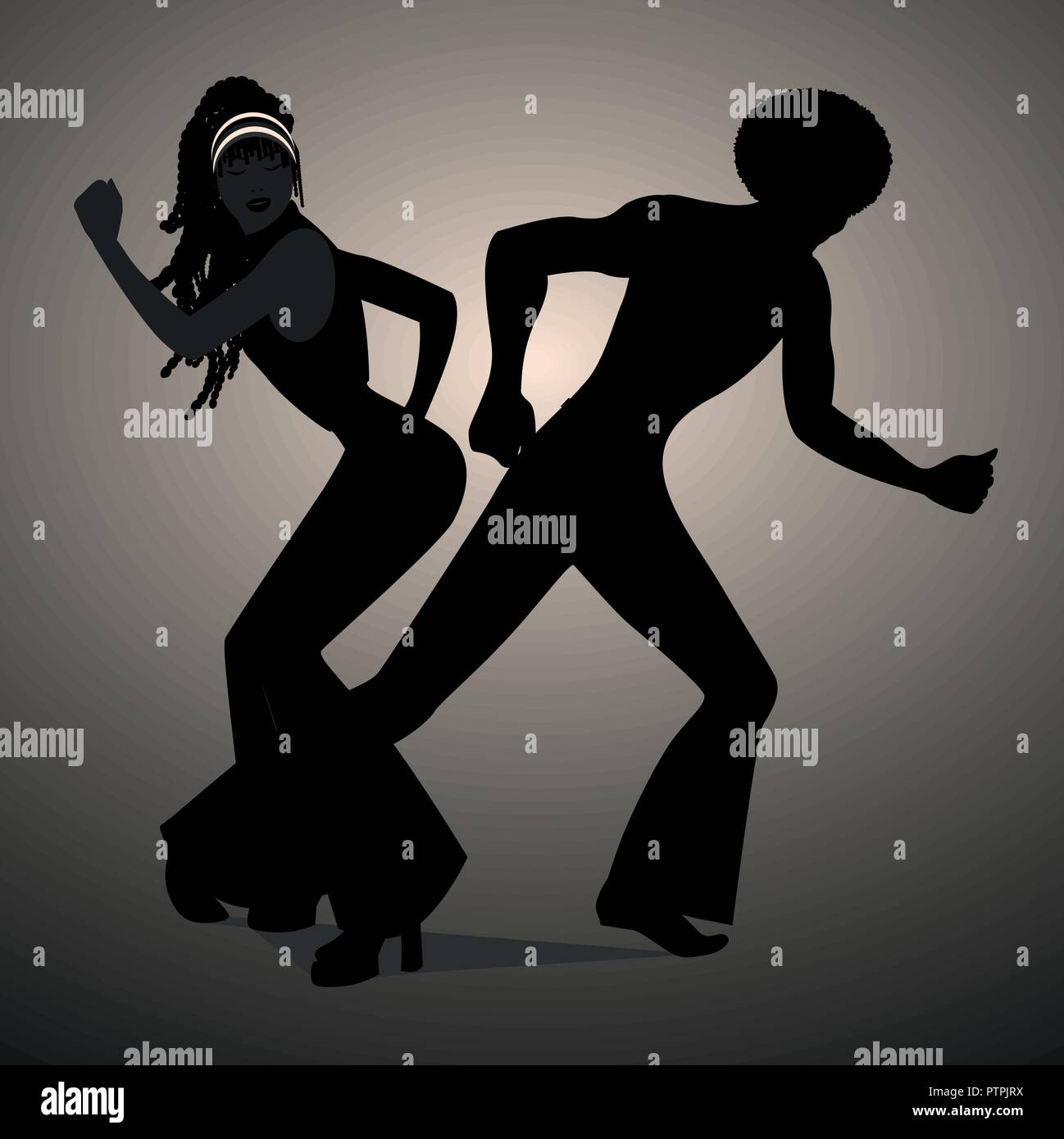 Silhouettes of couple dancing soul, funky or disco. Retro style. Stock Vector