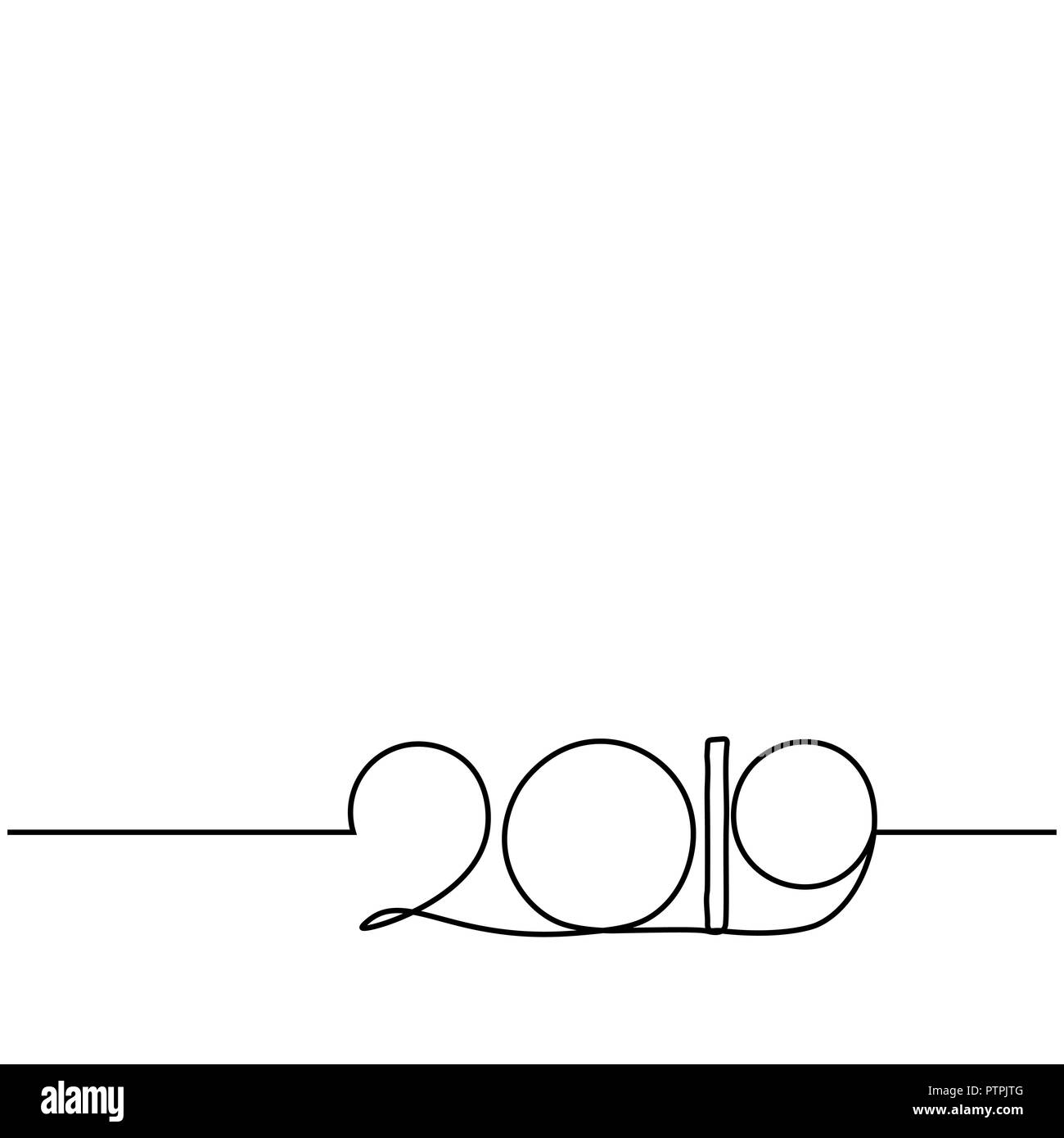 One continuous line drawing 2019. Vector new year illustration isolated on white background Stock Vector