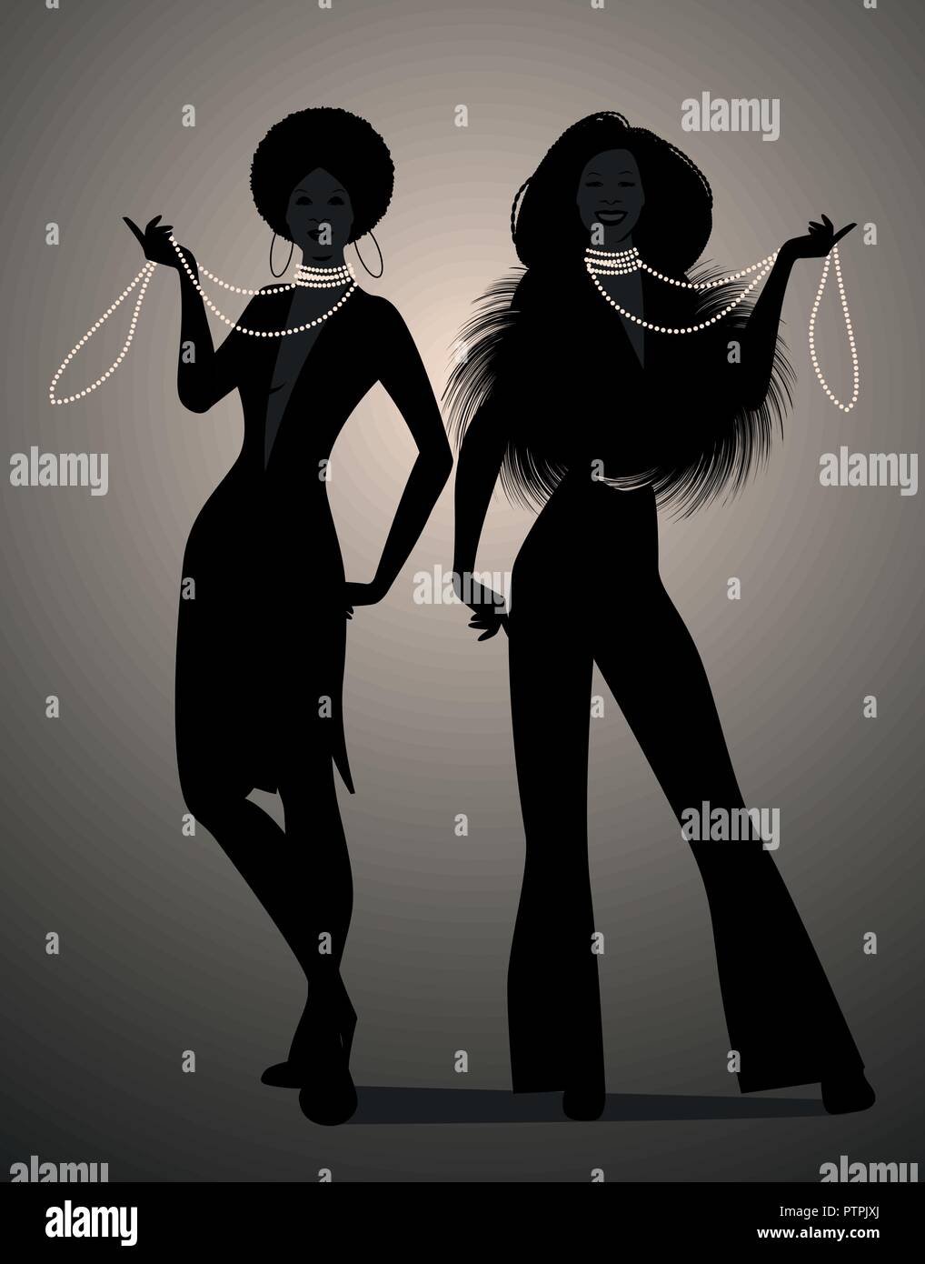 Silhouettes of two girls dancing soul, funky or disco music style Stock Vector