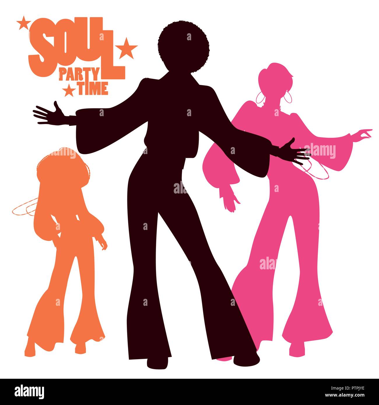 Silhouettes of three dancing soul, funk or disco. Retro style. Stock Vector